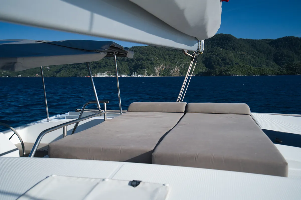 Deck of Adele, a Fountaine Pajot Astréa 42 catamaran at Marmaris, Turkey
