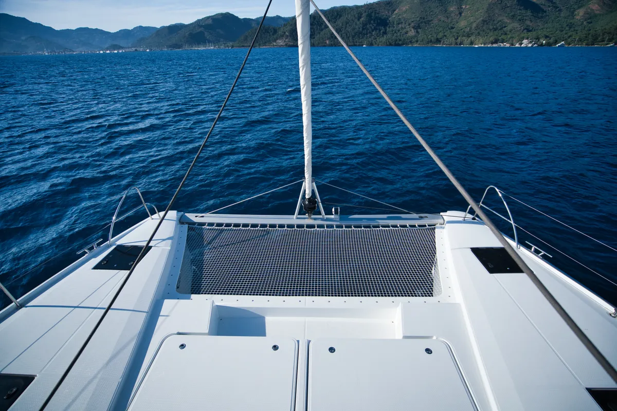 Deck of Adele, a Fountaine Pajot Astréa 42 catamaran at Marmaris, Turkey