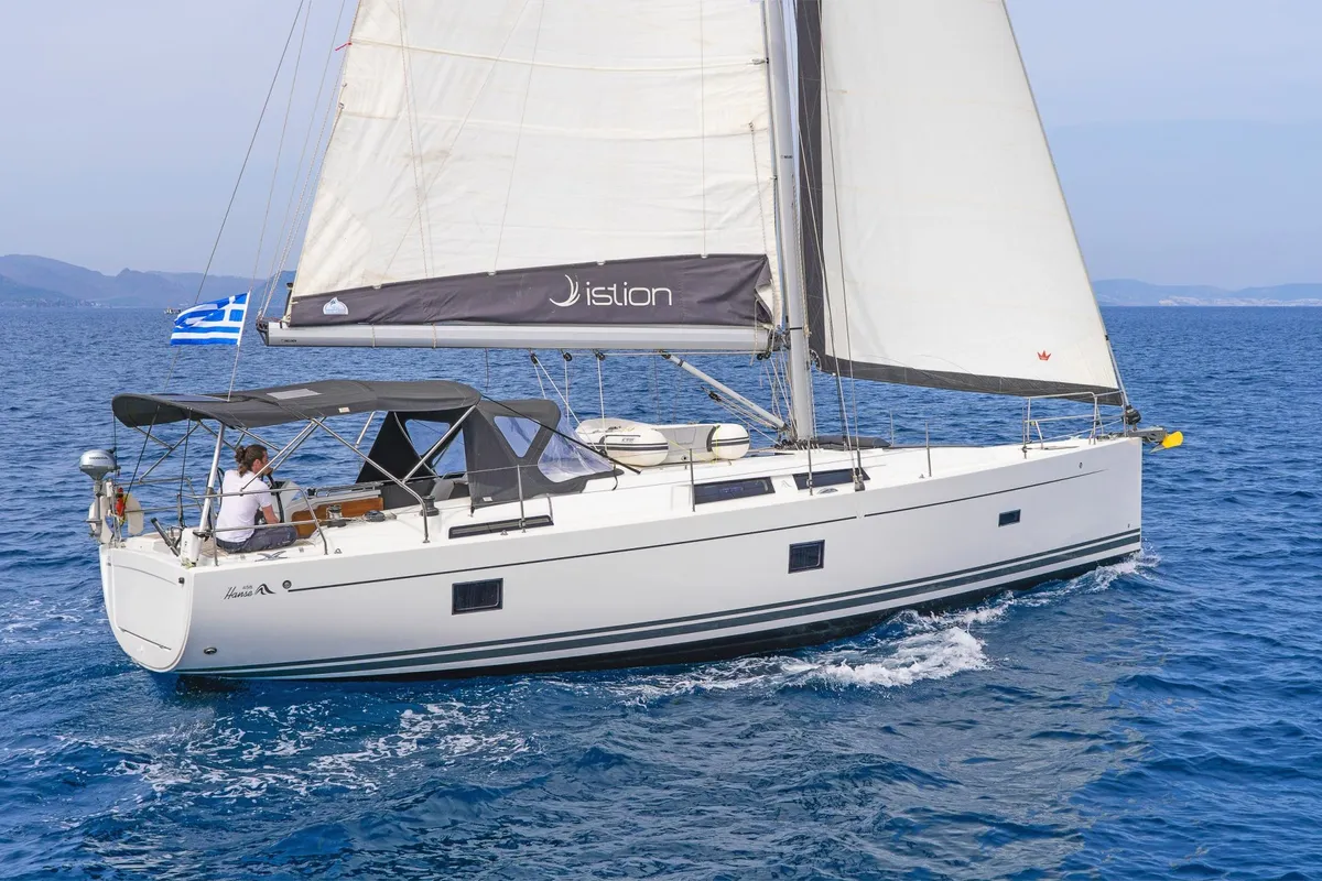 Exterior view of C-YA, a Hanse 458 sailboat at Lavreotiki, Greece