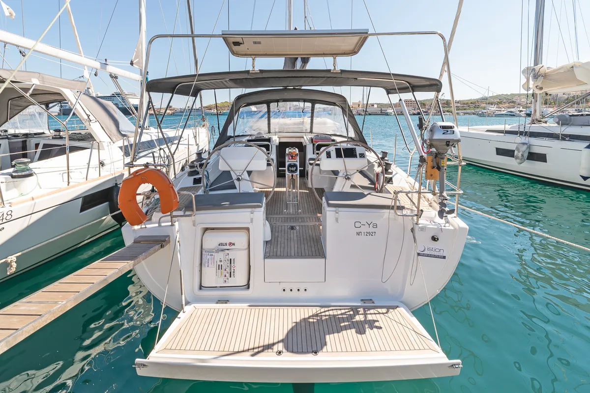 Deck of C-YA, a Hanse 458 sailboat at Lavreotiki, Greece