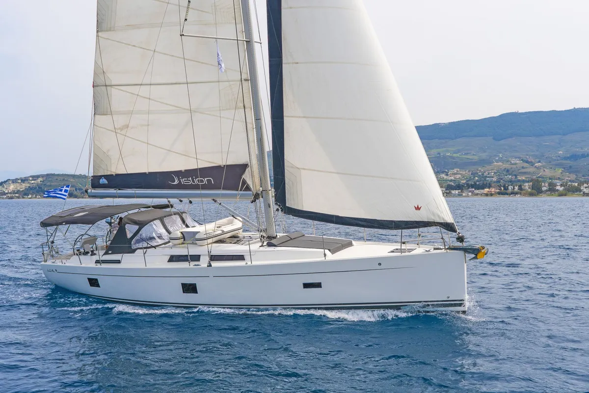 Exterior view of C-YA, a Hanse 458 sailboat at Lavreotiki, Greece