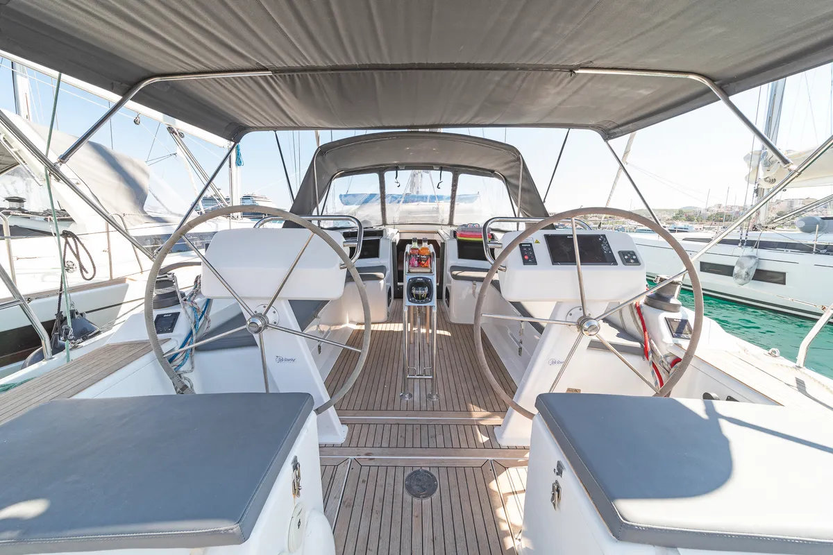 Cockpit of C-YA, a Hanse 458 sailboat at Lavreotiki, Greece