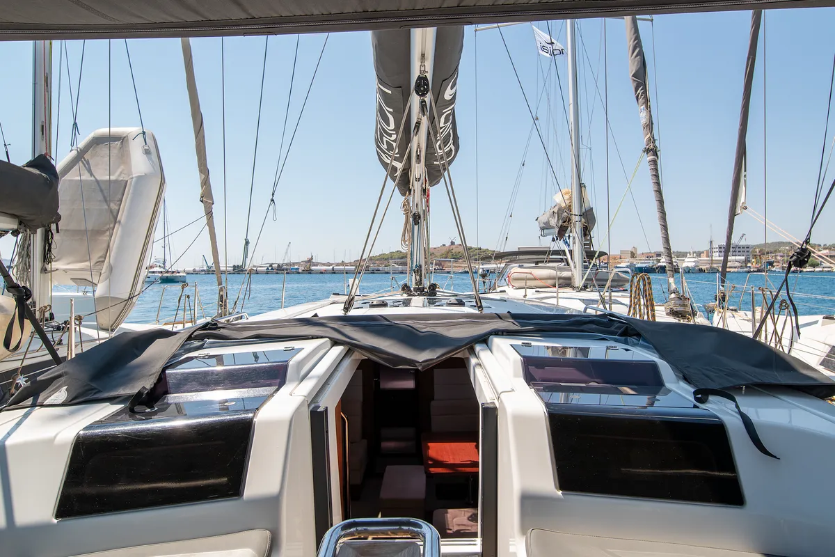 Deck of C-YA, a Hanse 458 sailboat at Lavreotiki, Greece