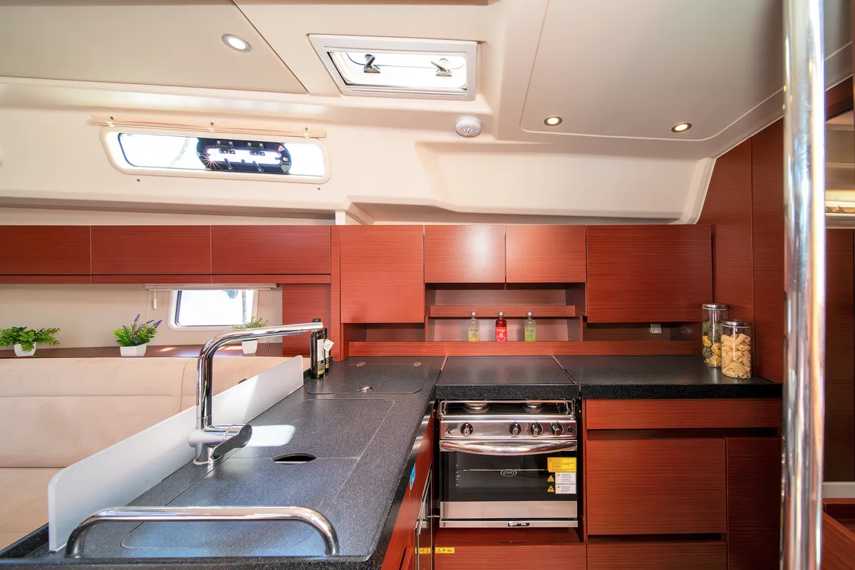 Galley of C-YA, a Hanse 458 sailboat at Lavreotiki, Greece