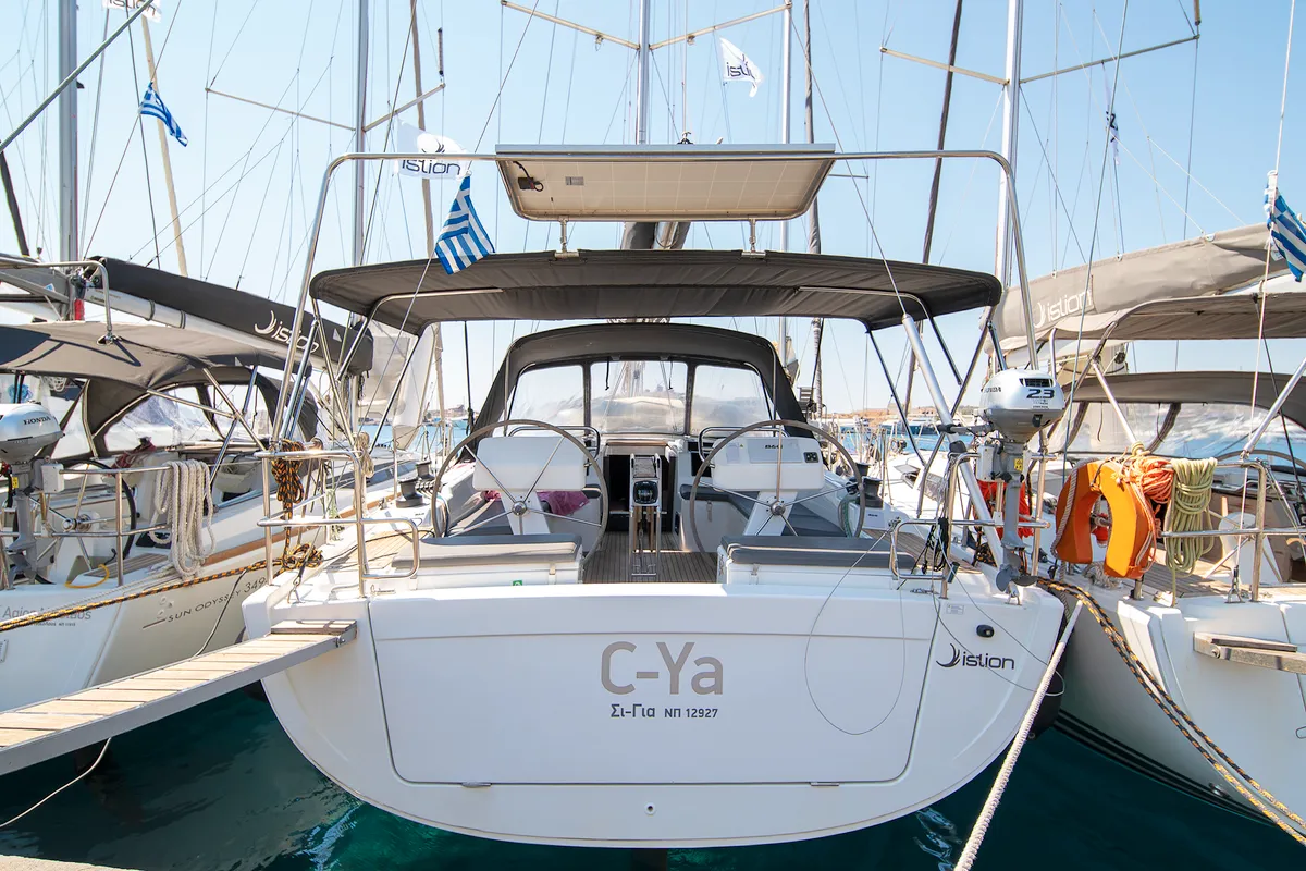Exterior view of C-YA, a Hanse 458 sailboat at Lavreotiki, Greece