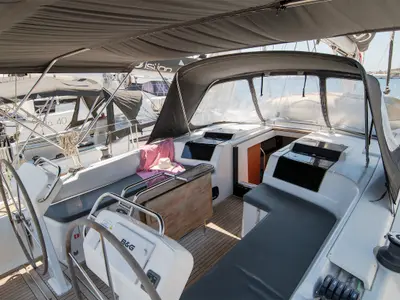 Cockpit of C-YA, a Hanse 458 sailboat at Lavreotiki, Greece