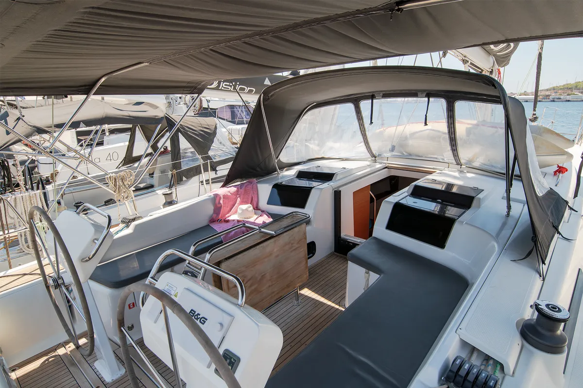 Cockpit of C-YA, a Hanse 458 sailboat at Lavreotiki, Greece
