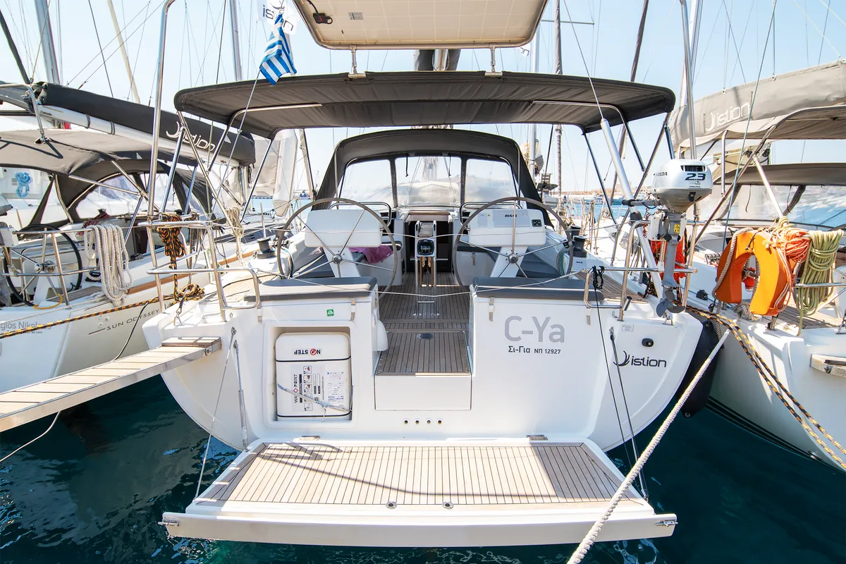Exterior view of C-YA, a Hanse 458 sailboat at Lavreotiki, Greece