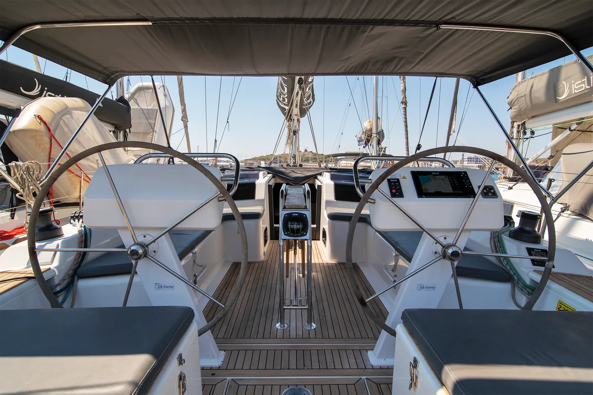 Cockpit of C-YA, a Hanse 458 sailboat at Lavreotiki, Greece