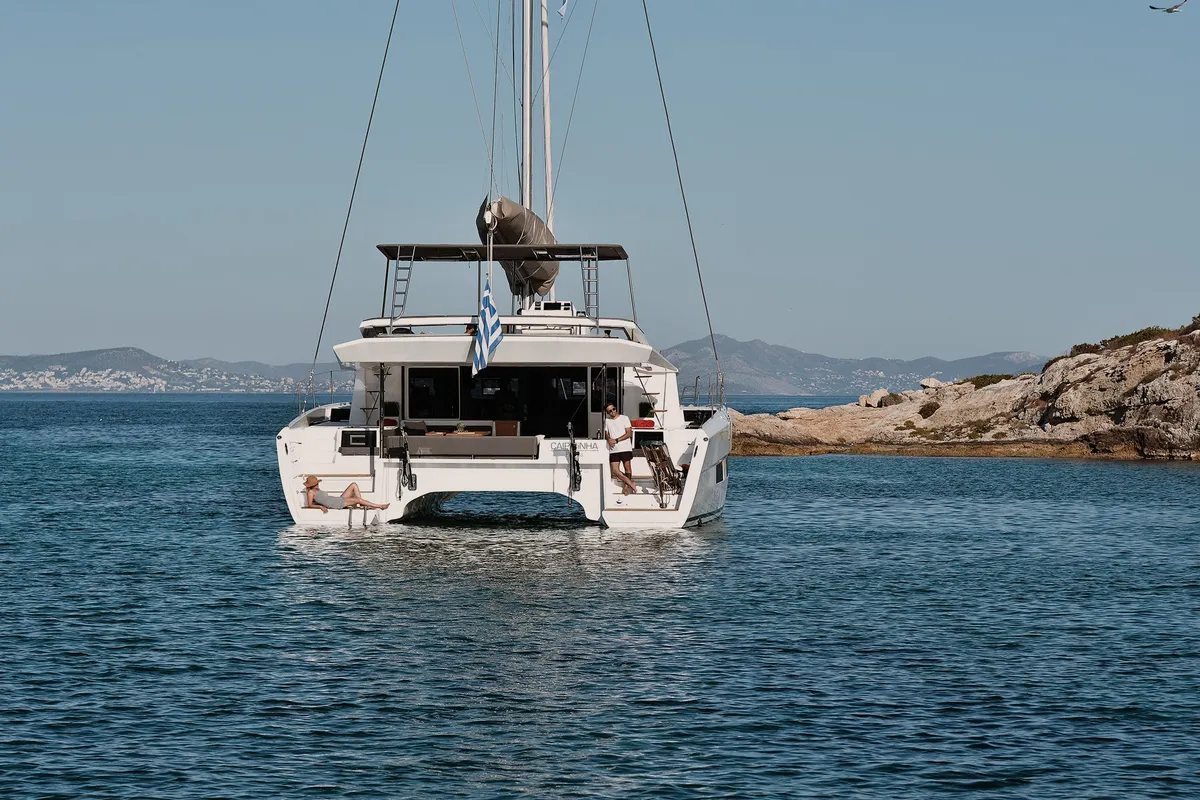 Exterior view of Olga, a Dufour Catamaran 48 catamaran at Salerno, Italy