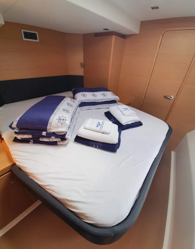 Cabin on Olga, a Dufour Catamaran 48 catamaran at Salerno, Italy