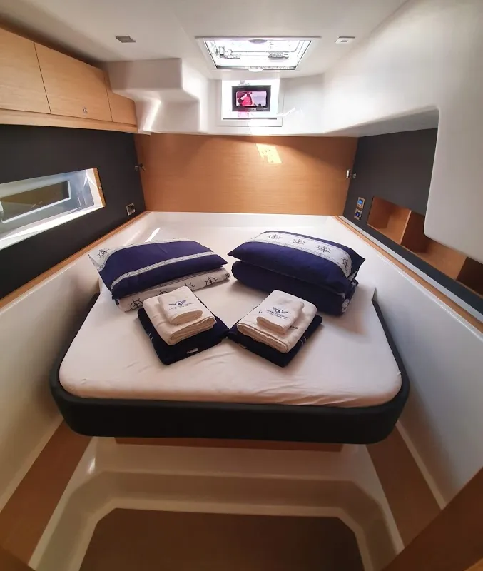 Cabin on Olga, a Dufour Catamaran 48 catamaran at Salerno, Italy