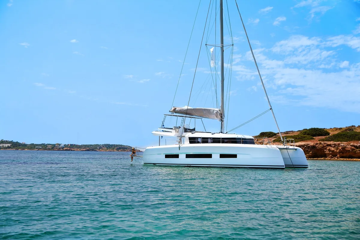 Exterior view of Olga, a Dufour Catamaran 48 catamaran at Salerno, Italy