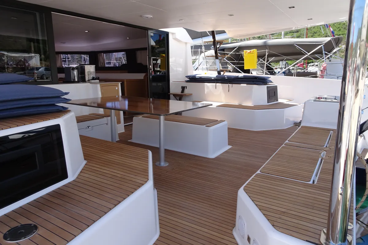 Deck of Olga, a Dufour Catamaran 48 catamaran at Salerno, Italy