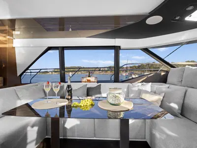Salon of Dolce far niente, a Prestige M48 catamaran at Split, Croatia