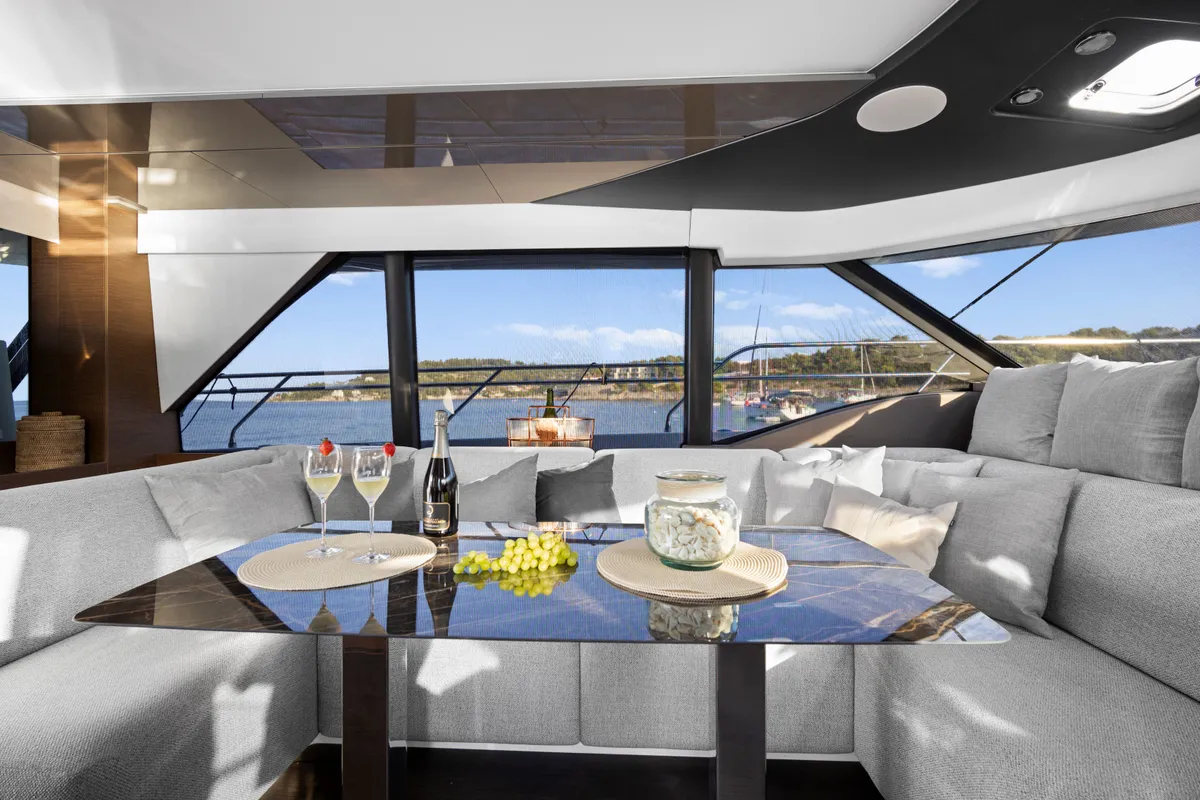 Salon of Dolce far niente, a Prestige M48 catamaran at Split, Croatia
