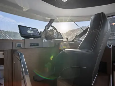 Cockpit of Dolce far niente, a Prestige M48 catamaran at Split, Croatia