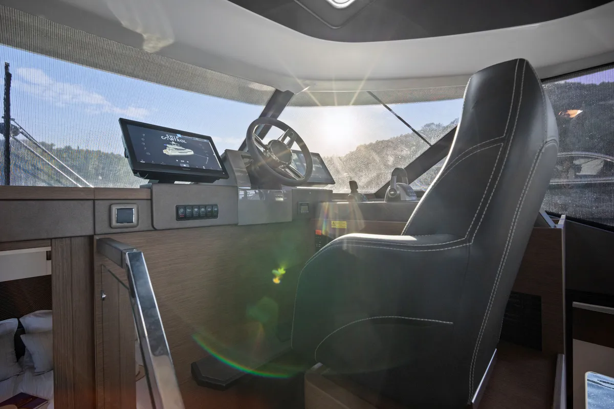 Cockpit of Dolce far niente, a Prestige M48 catamaran at Split, Croatia
