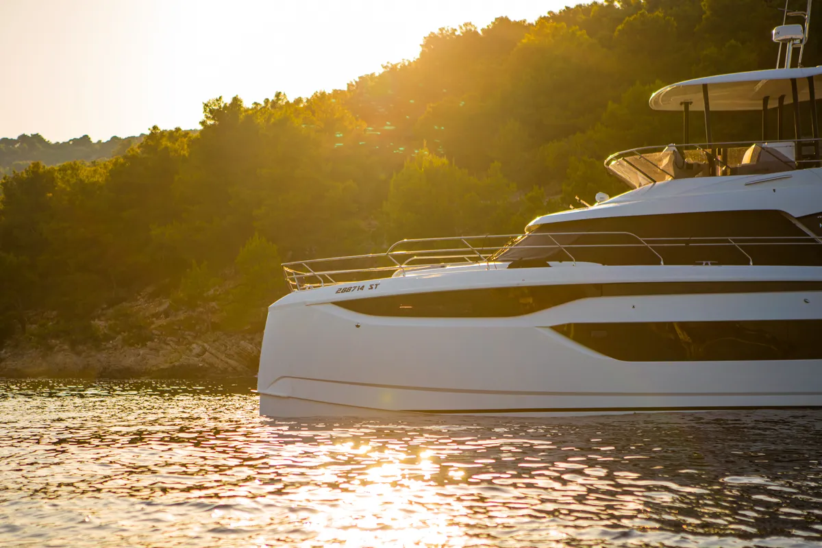 Exterior view of Dolce far niente, a Prestige M48 catamaran at Split, Croatia