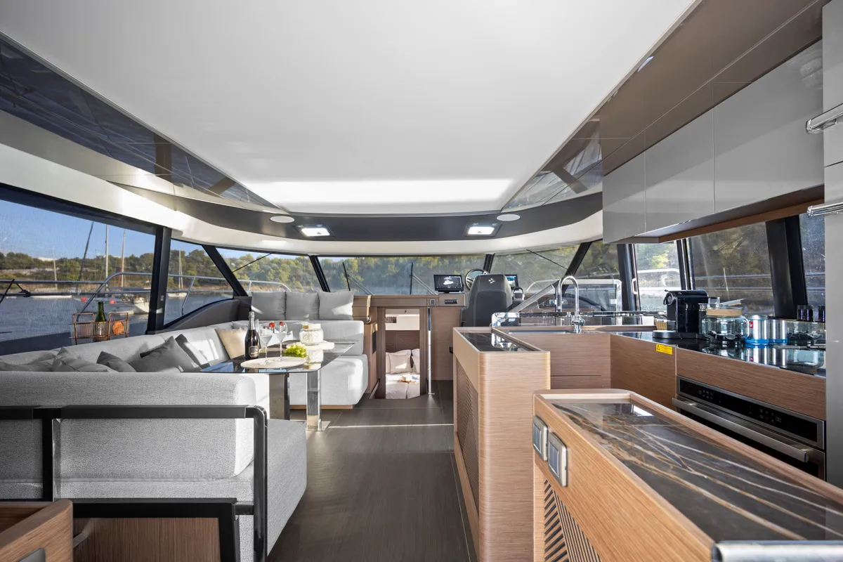 Salon of Dolce far niente, a Prestige M48 catamaran at Split, Croatia