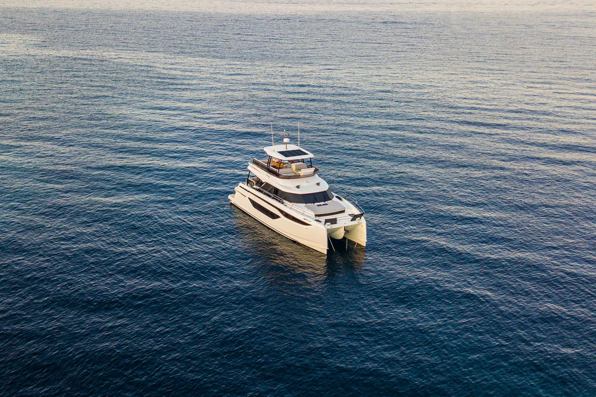 Exterior view of Dolce far niente, a Prestige M48 catamaran at Split, Croatia