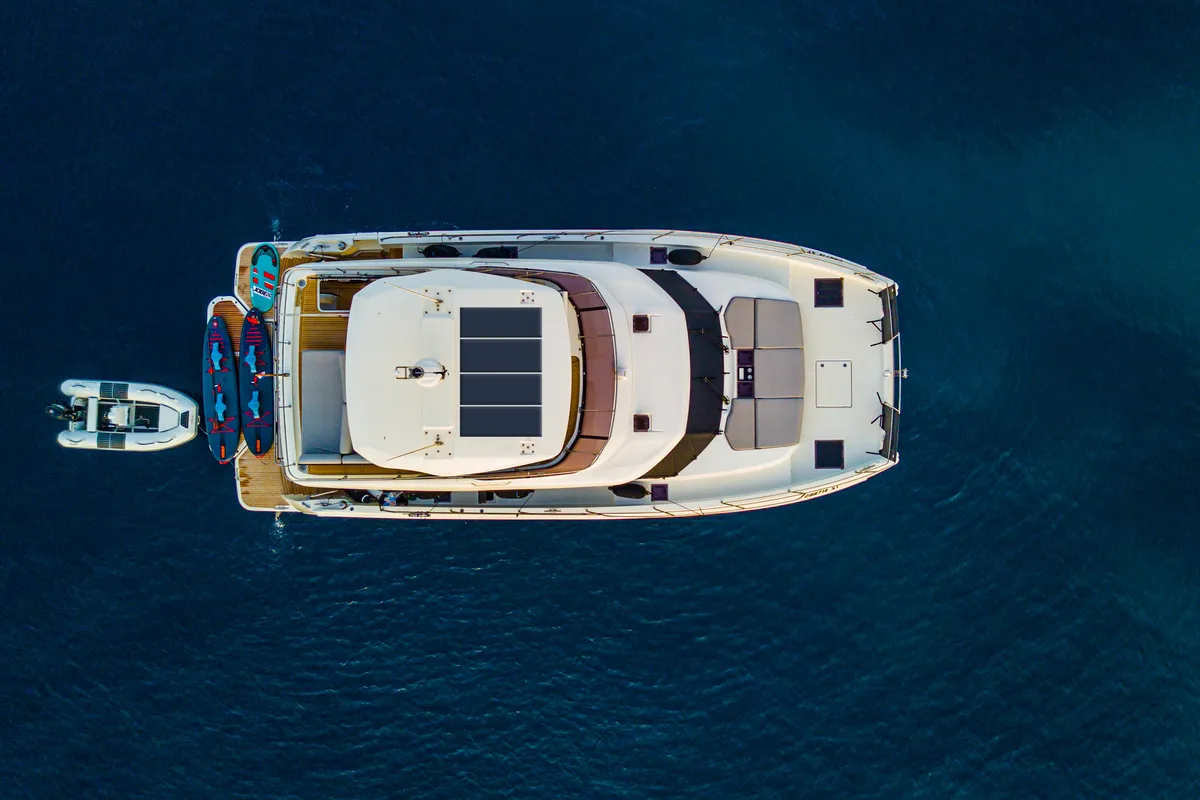Exterior view of Dolce far niente, a Prestige M48 catamaran at Split, Croatia