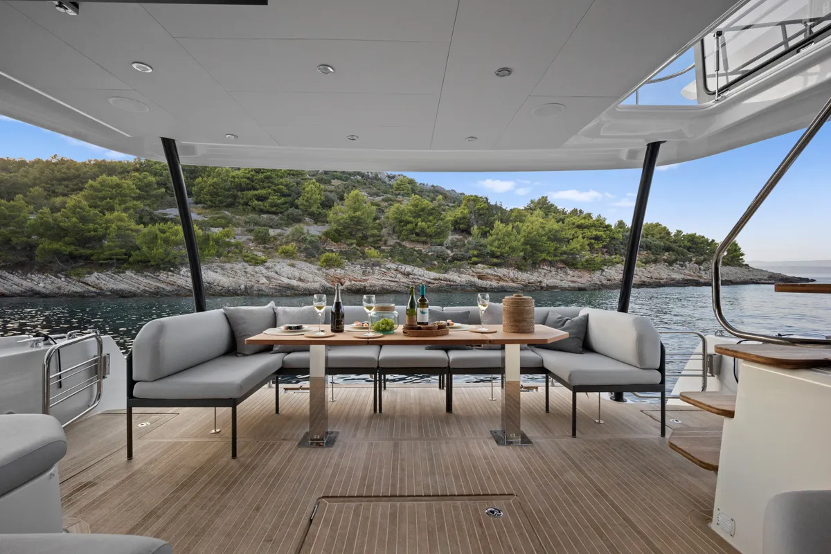 Deck of Dolce far niente, a Prestige M48 catamaran at Split, Croatia