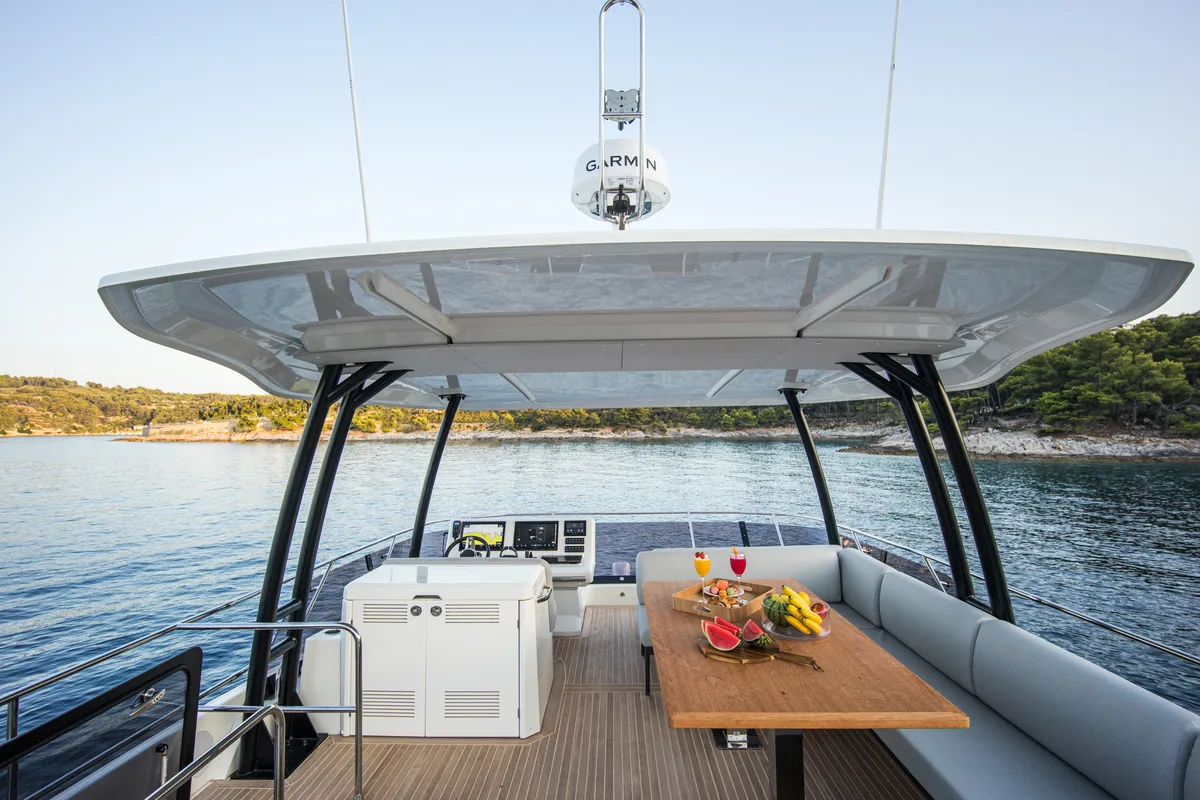 Deck of Dolce far niente, a Prestige M48 catamaran at Split, Croatia