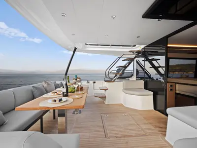 Deck of Dolce far niente, a Prestige M48 catamaran at Split, Croatia