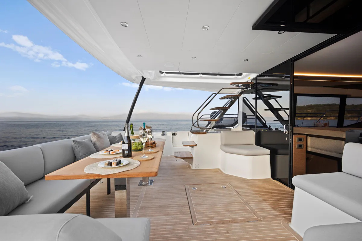 Deck of Dolce far niente, a Prestige M48 catamaran at Split, Croatia