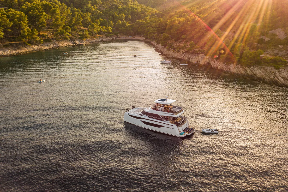 Exterior view of Dolce far niente, a Prestige M48 catamaran at Split, Croatia