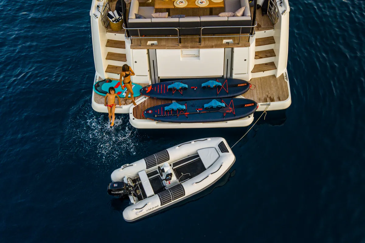 Exterior view of Dolce far niente, a Prestige M48 catamaran at Split, Croatia