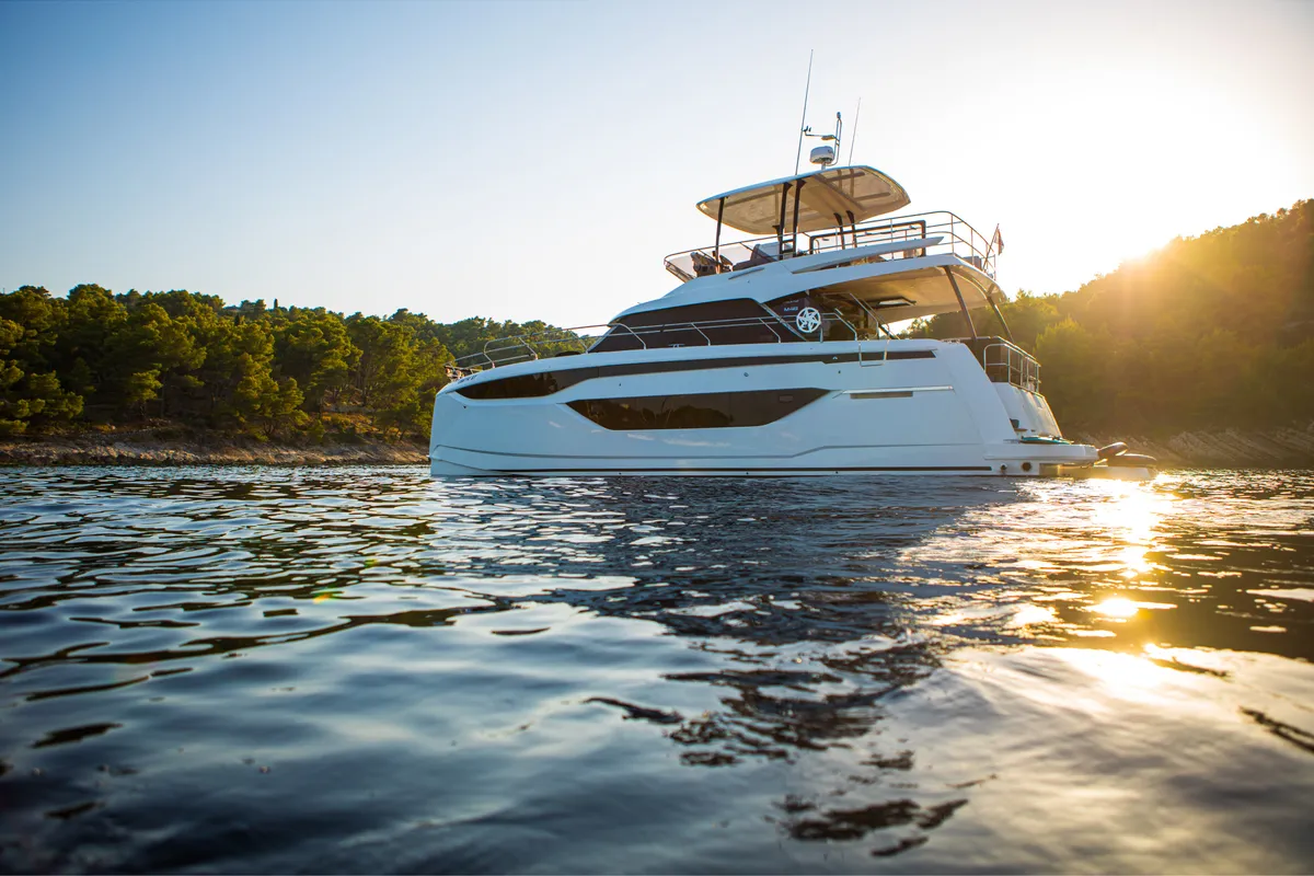 Exterior view of Dolce far niente, a Prestige M48 catamaran at Split, Croatia