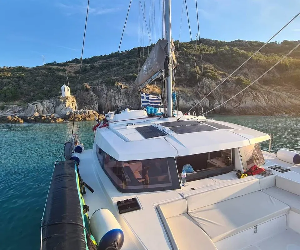 Deck of Iris, a Bali 4.1 catamaran at Volos, Greece