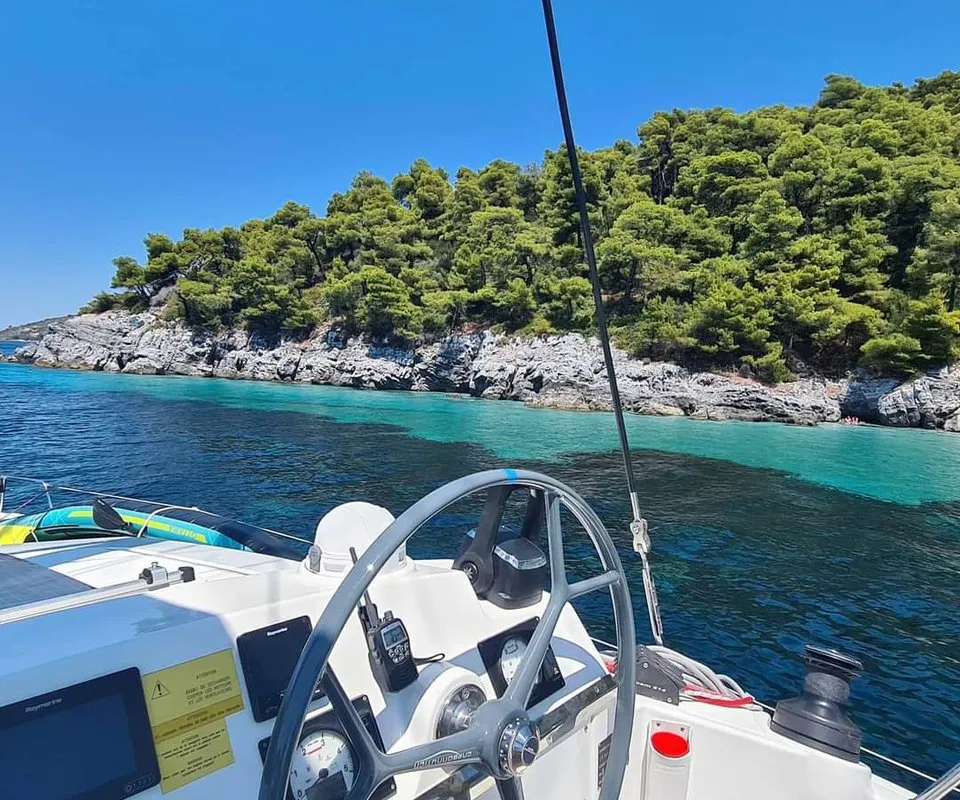 Cockpit of Iris, a Bali 4.1 catamaran at Volos, Greece