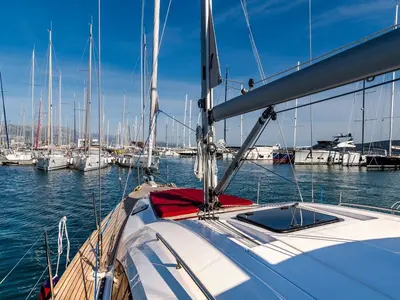 Deck of Sax III, a Elan Impression 45.1 sailboat at Kaštela, Croatia