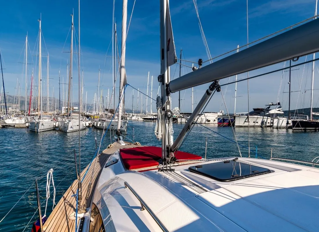 Deck of Sax III, a Elan Impression 45.1 sailboat at Kaštela, Croatia