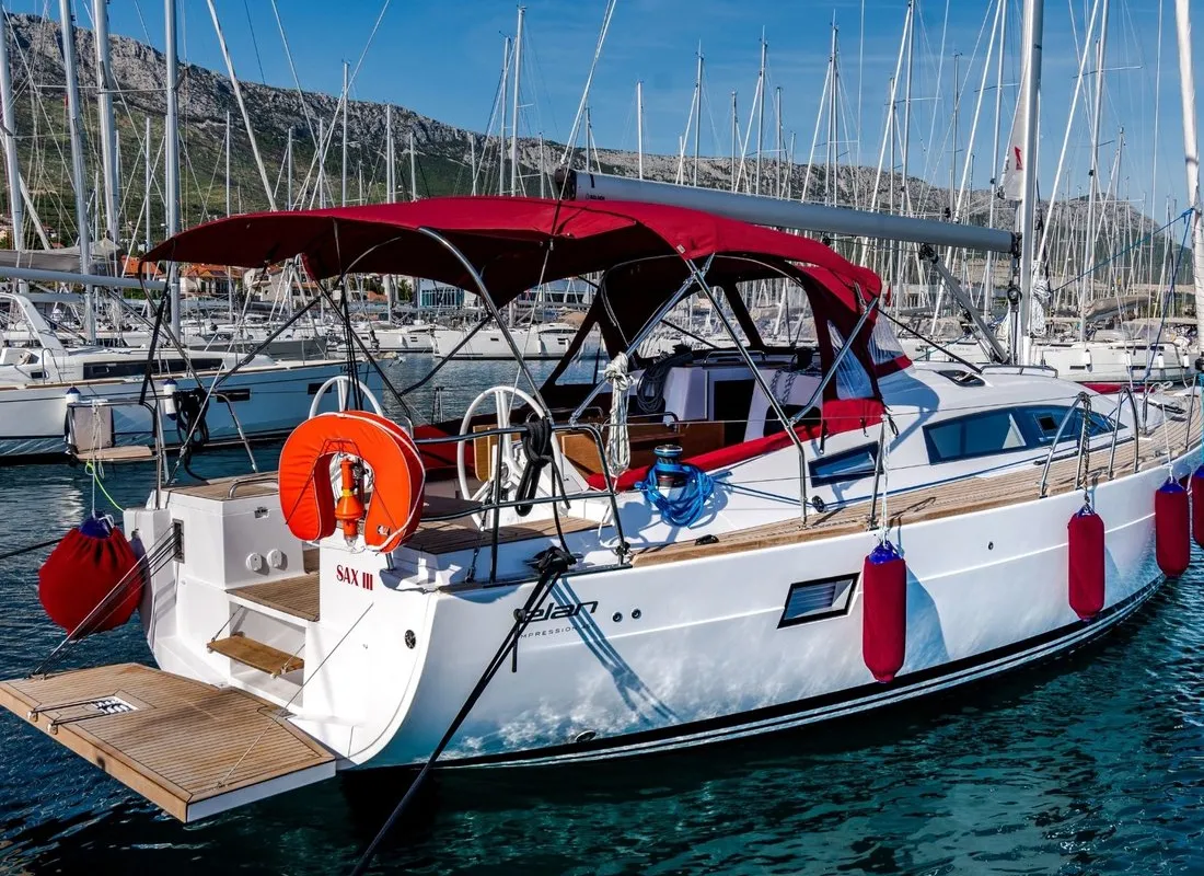 Exterior view of Sax III, a Elan Impression 45.1 sailboat at Kaštela, Croatia