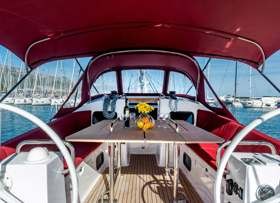 Cockpit of Sax III, a Elan Impression 45.1 sailboat at Kaštela, Croatia