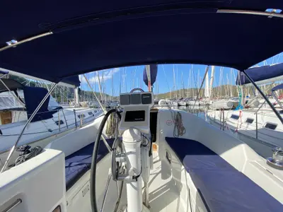 Cockpit of Tombo, a Beneteau Oceanis 343 sailboat at Fethiye, Turkey
