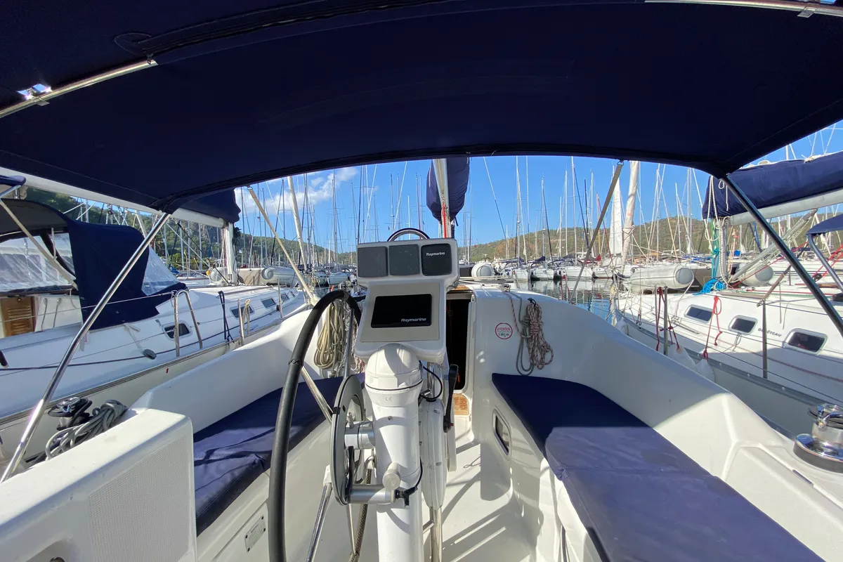 Cockpit of Tombo, a Beneteau Oceanis 343 sailboat at Fethiye, Turkey