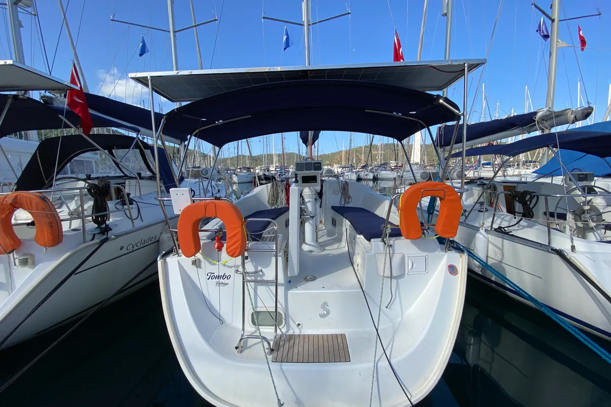 Exterior view of Tombo, a Beneteau Oceanis 343 sailboat at Fethiye, Turkey