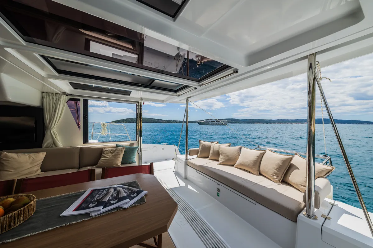 Salon of Au Soleil, a Bali 4.2 catamaran at Grad Kaštela, Croatia