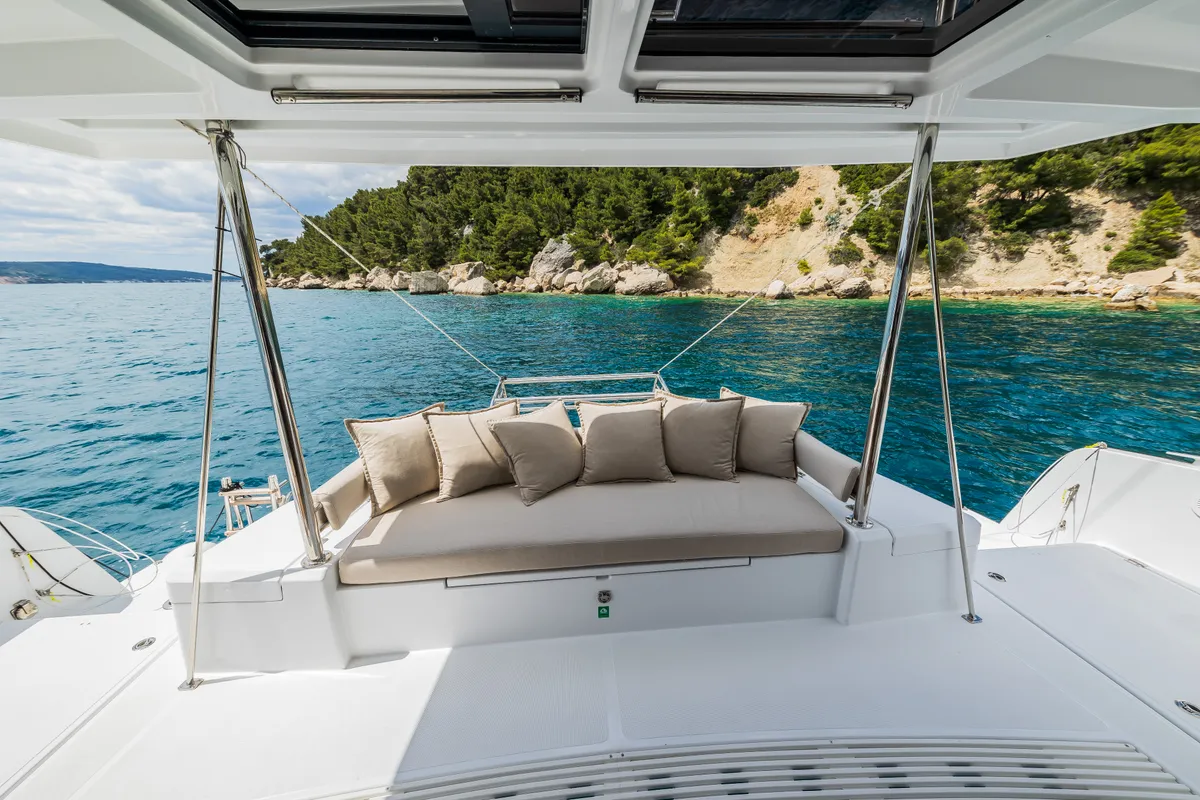 Deck of Au Soleil, a Bali 4.2 catamaran at Grad Kaštela, Croatia