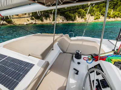 Cockpit of Au Soleil, a Bali 4.2 catamaran at Grad Kaštela, Croatia