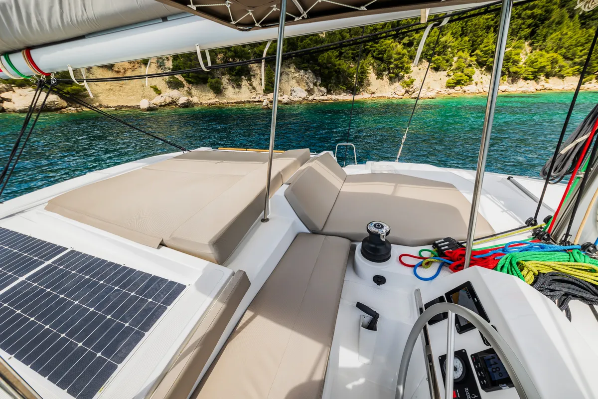 Cockpit of Au Soleil, a Bali 4.2 catamaran at Grad Kaštela, Croatia
