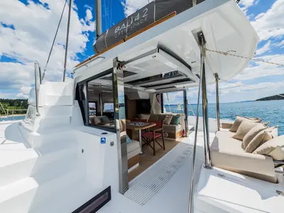 Deck of Au Soleil, a Bali 4.2 catamaran at Grad Kaštela, Croatia