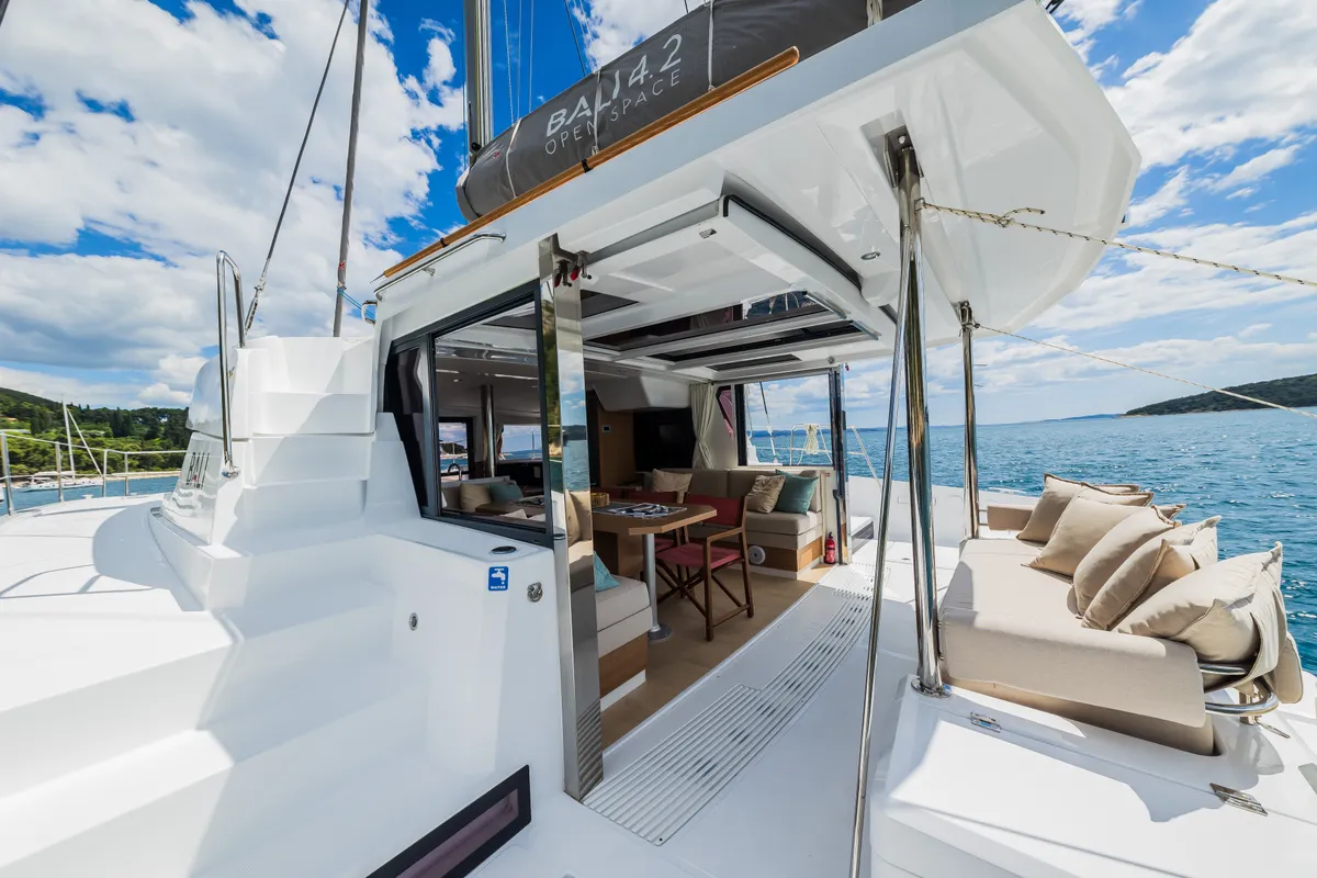 Deck of Au Soleil, a Bali 4.2 catamaran at Grad Kaštela, Croatia
