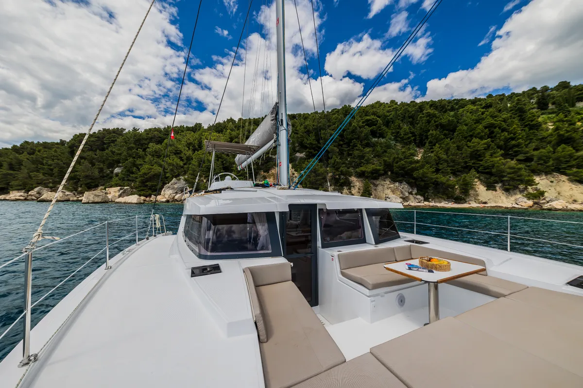 Deck of Au Soleil, a Bali 4.2 catamaran at Grad Kaštela, Croatia