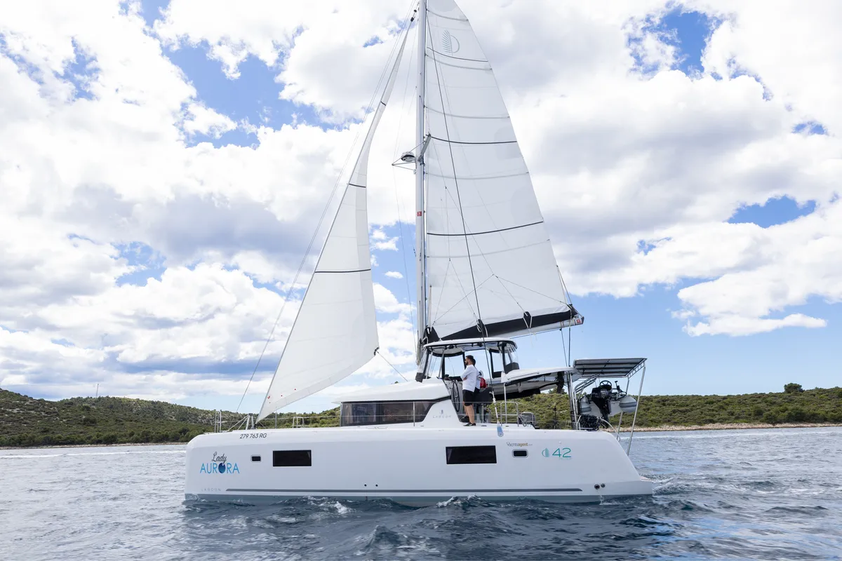 Exterior view of Lady Aurora, a Lagoon 42 catamaran at Općina Rogoznica, Croatia